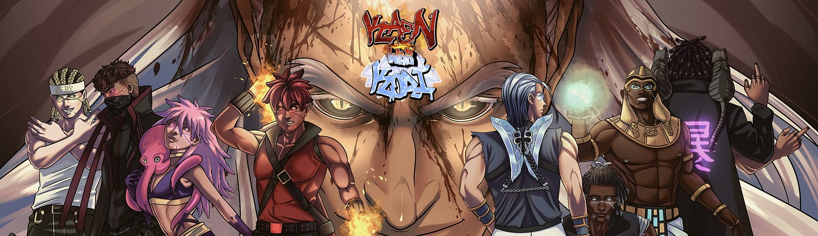 The cast of Kaen Kori War gathered beneath a giant glaring face, with Kaen wreathed in fire and Kori in ice at the center.